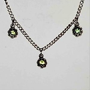 Dainty Peridot Green Flowers On A 16" Silver Tone Linked Necklace Chain